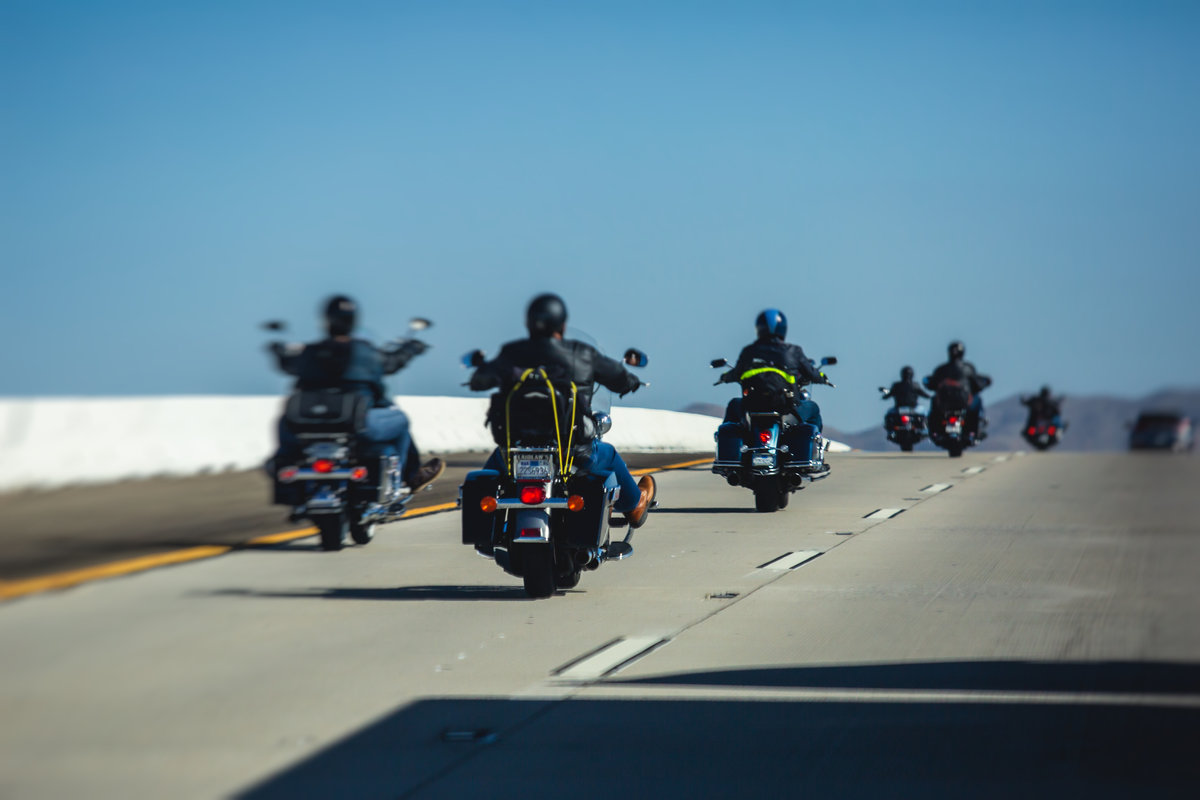 Band of bikers riding on the interstate road, California, group of motorcycles on the Highway, on the way to Las Vegas from Los Angeles in San Bernardino city, California, United States, biker concept