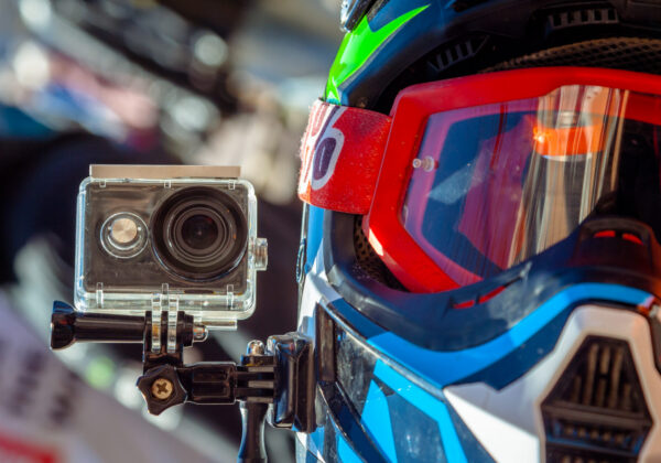 Action camera on a motorcycle rider's helmet