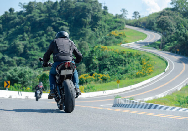 motorcyclist rides along a scenic winding mountain road, surrounded by lush greenery and vibrant yellow flowers, under a clear blue sky.